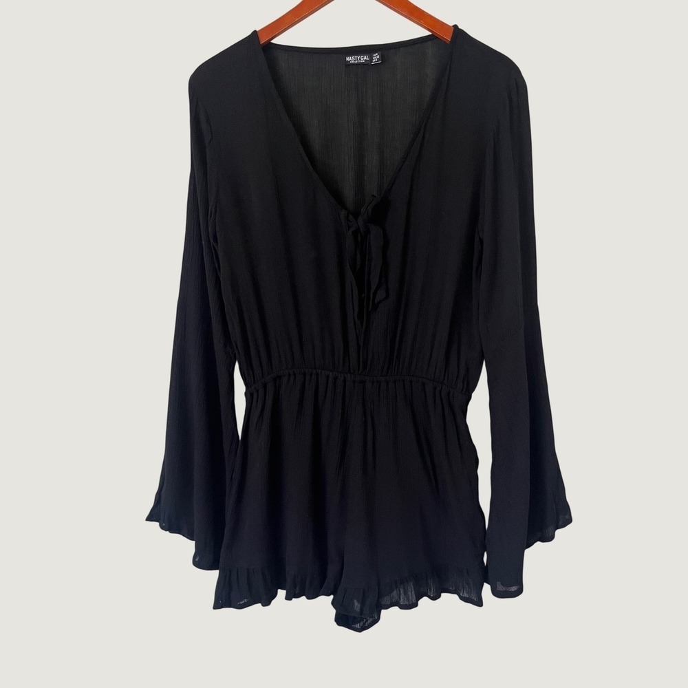 Nasty Gal Collection Black Bell Sleeve Romper V-Neck Witchy Boho Size US 4